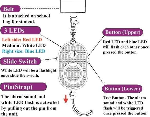 Reflective Personal Alarm with 3 color LEDs